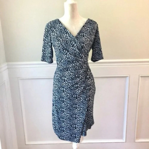 Ann Taylor Graphic Print Faux Wrap Dress Blue XS - Picture 1 of 6